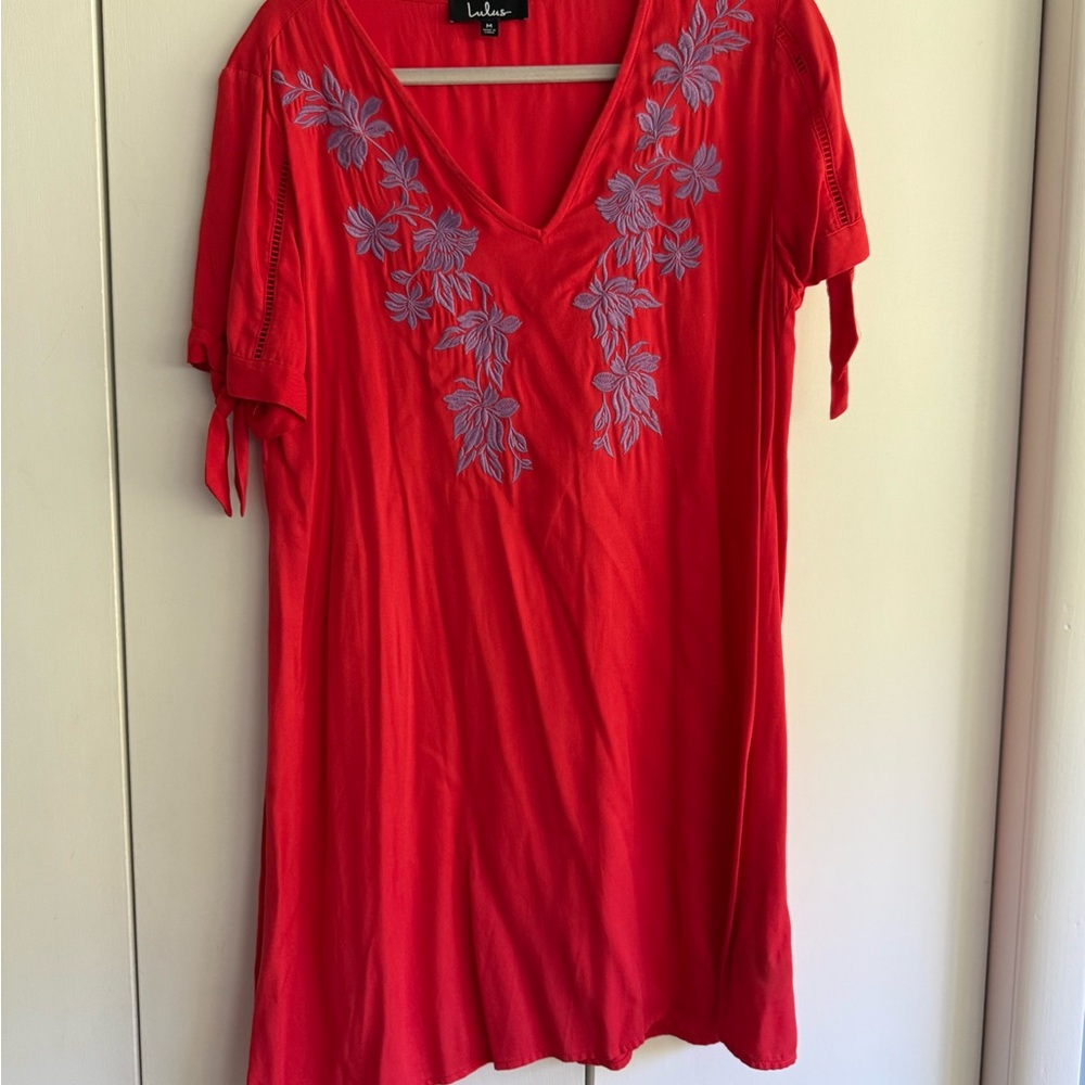 Lulu's Vivid Red Tunic with Floral Embroidery